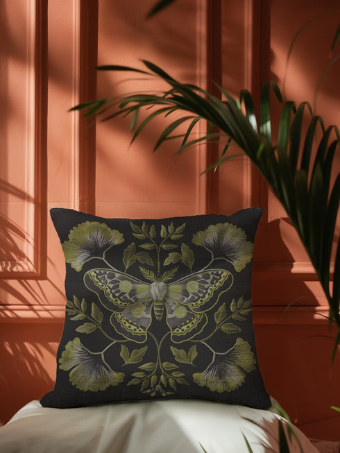A square decorative pillow featuring an intricately detailed Luna moth in sage green and olive tones on a black background. The moth is centered in a symmetrical arrangement with ginkgo-like leaves and botanical elements surrounding it.
